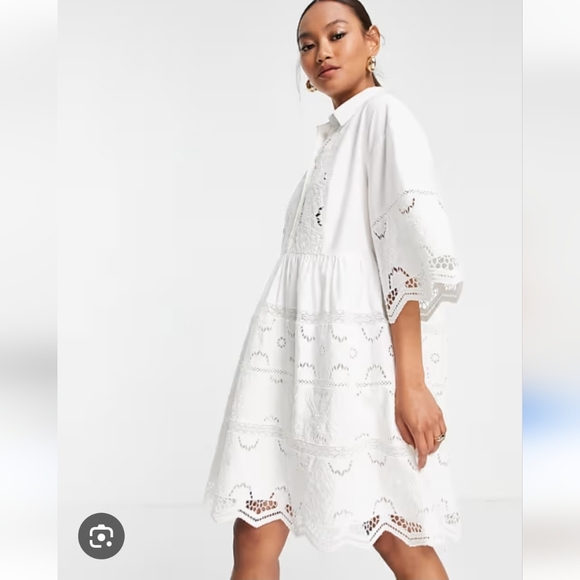 ASOS Edition Mini Shirt Dress With Cutwork In White Size US 0 - Picture 2 of 11
